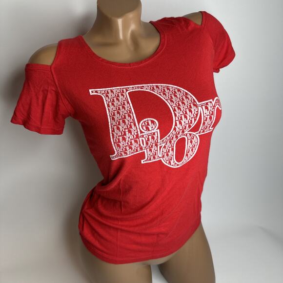 Red Cutout Shoulder Graphic Tee Y2K Streetwear Logo Print Top XS S READ FLAWS - Picture 1 of 12